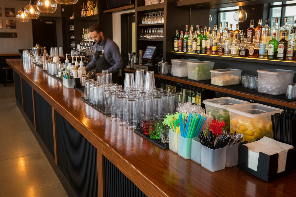 Genera un immagine di un bar dove si vedono bicchieri di plastica e cose di plastica utili per un bar. L'ambiente deve sembrare realistico
