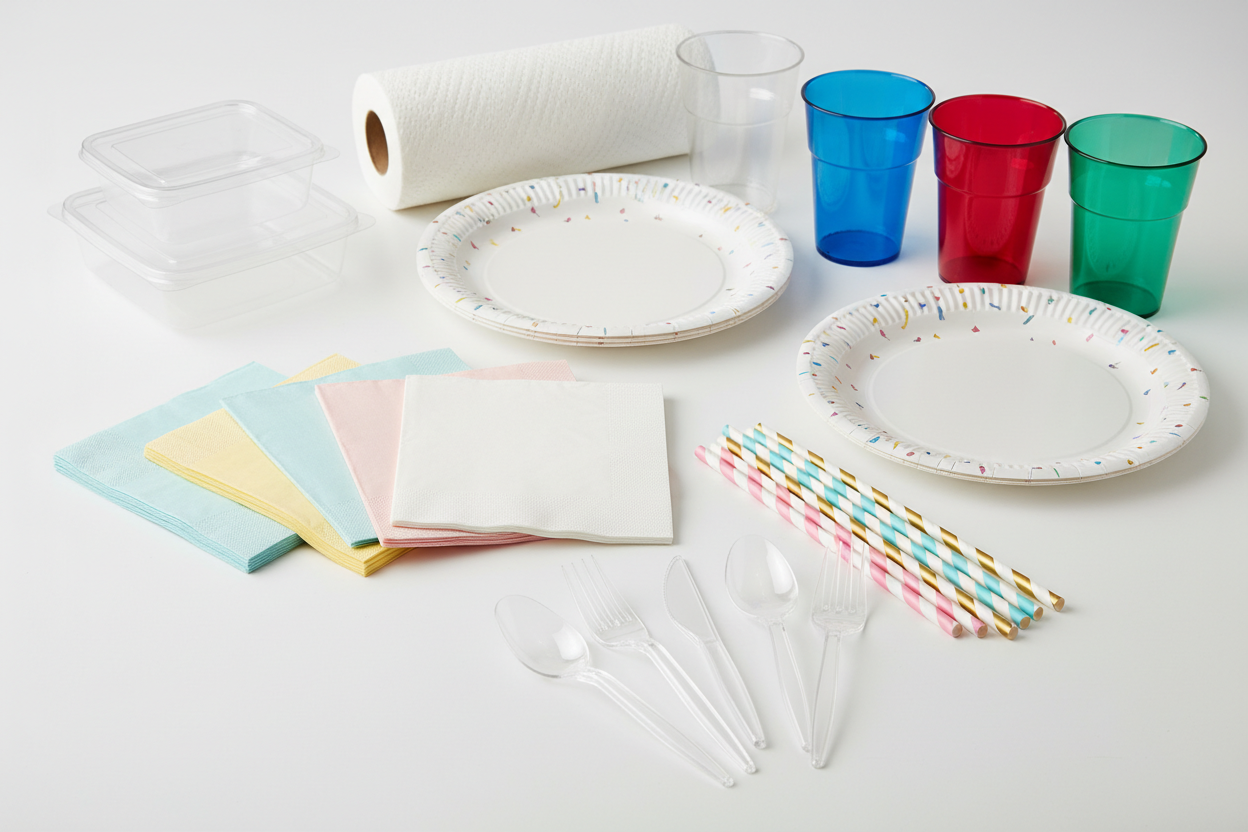 raffigura in maniera realistica e generica articoli di carta e plastica come tovaglioli bicchieri e altro