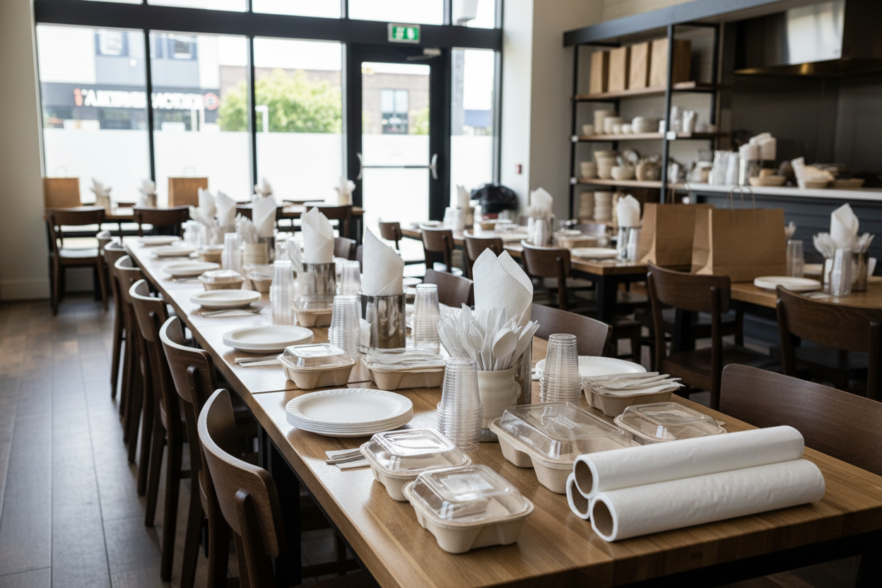 raffigura un ristorante con tovaglioli di carta bianchi e cose in plastica o carta che possono servire ad un ristorante. L'immagine deve essere più realistica possibile