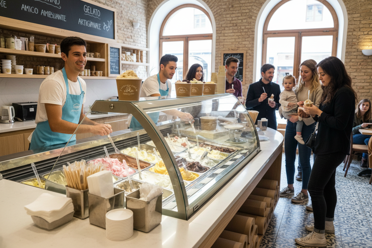 raffigura una gelateria intenta ad usare coppette in carta e altri accessori di carta e plastica. Rendi l'immagine realistica