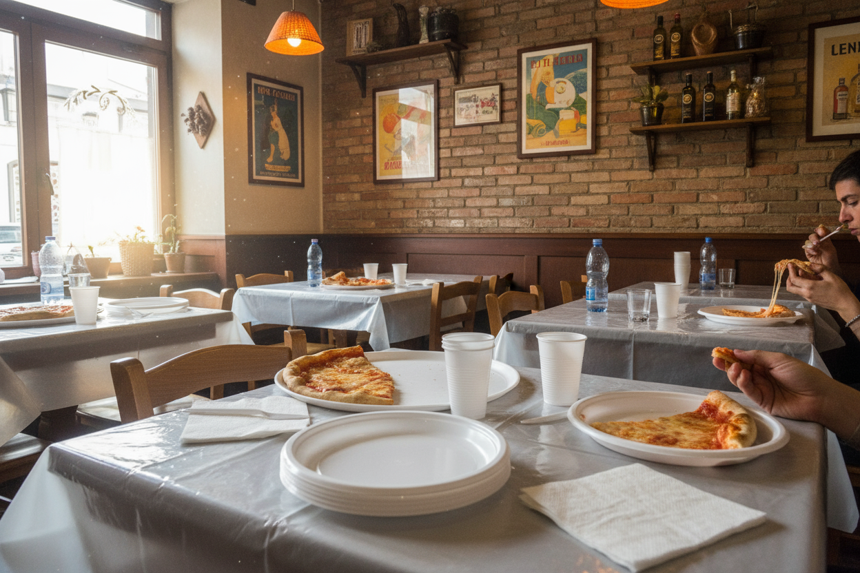 raffigura una pizzeria che usa tovaglioli, bicchieri e altro in plastica bianchi. Rendi l'immagine realistica
